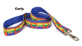 blue, pink and yellow dog leash 